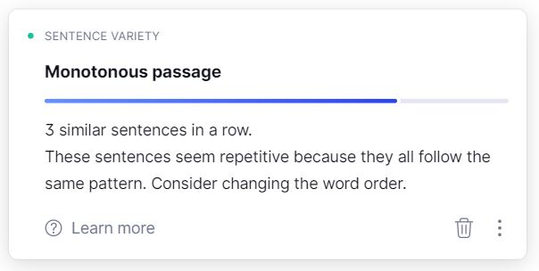 Screenshot of Grammarly flagging a monotonous passage.