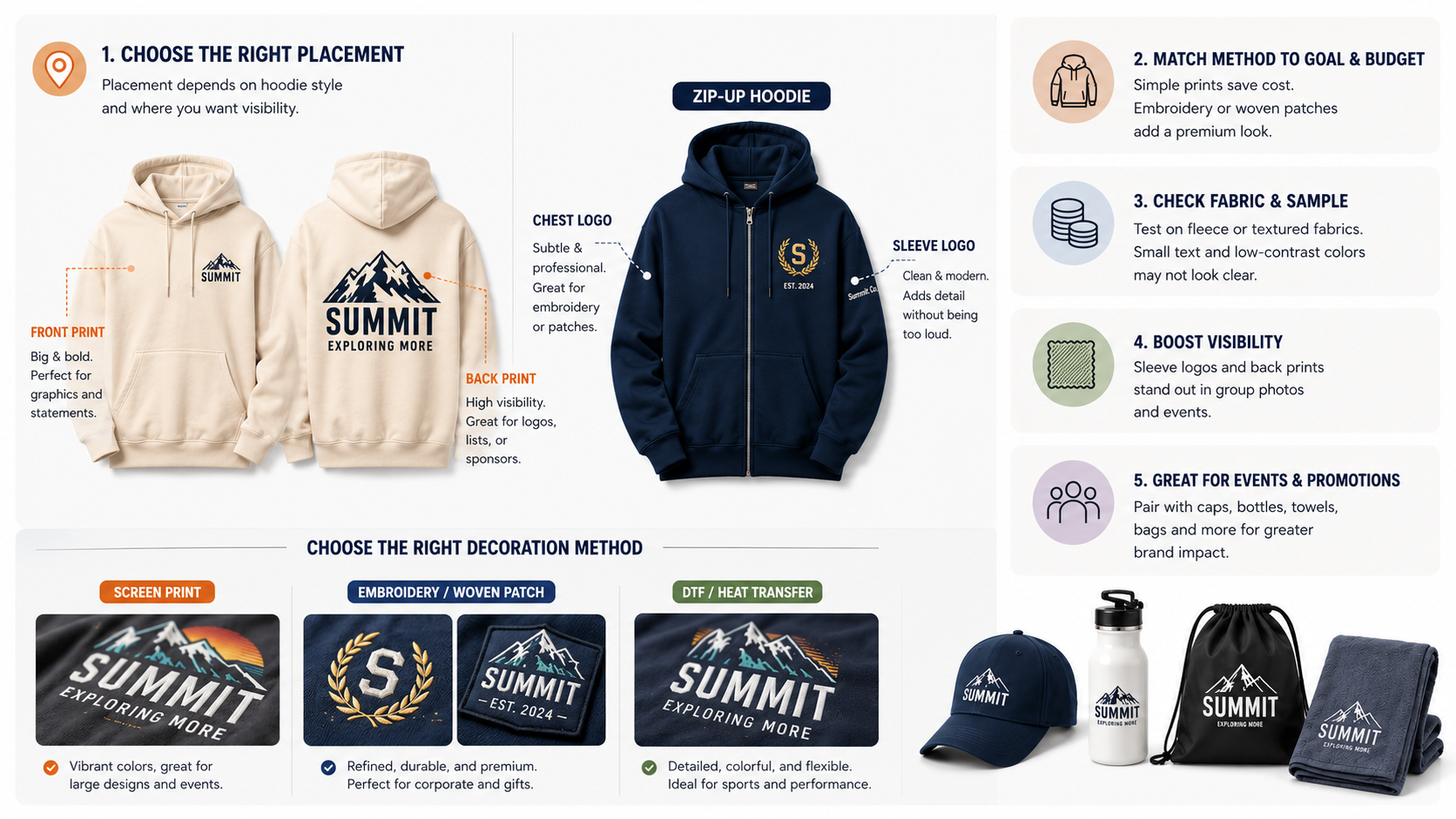 Custom hoodie logo placement guide showing chest, sleeve, back, and front branding options