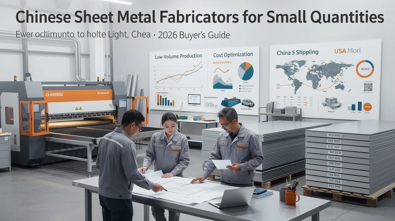 The image features a comprehensive buyer's guide for Chinese sheet metal fabricators specializing in small quantities, showcasing various sheet metal fabrication processes such as laser cutting, CNC machining, and precision welding. It emphasizes the importance of quality control and the capabilities of metal fabrication companies in producing custom sheet metal parts for diverse applications, including automotive components and industrial machinery.