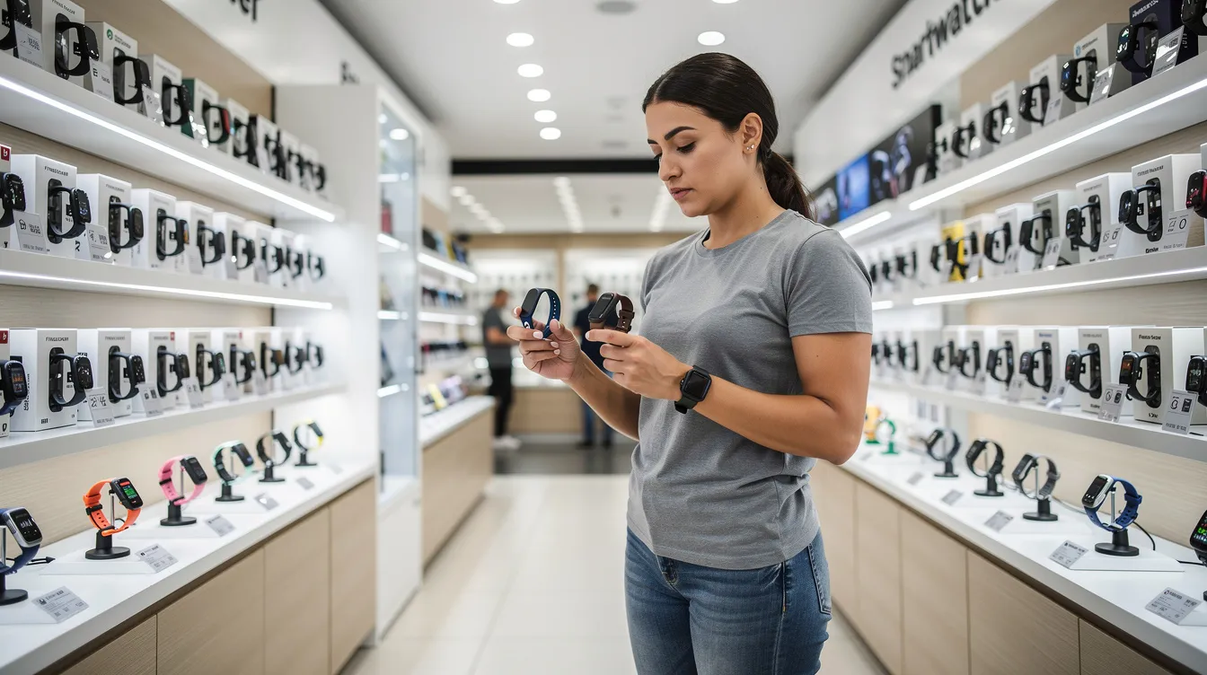 A person is standing in a retail store, examining various fitness trackers displayed on a table, with a focus on wearable sleep trackers that monitor sleep quality, sleep stages, and overall health metrics. The individual appears to be comparing features such as battery life and sleep tracking capabilities of different devices, including popular brands like the Oura Ring and Fitbit.