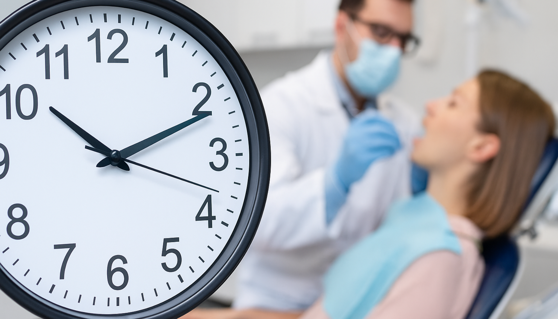 Tannlege behandler pasient i bakgrunnen mens en klokke i forgrunnen viser tiden i tannklinikken" hvor lenge varer en tannlegetime hos tannlegen gå til tannlegen hull i tennene stilte spørsmål lang tid tannlegen tennene hull hos tenner får spørsmål ofte bør tannlege behandling dine mye gang munnen tannstein viktig tar bedøvelse går tid gjør lang mer gjøre tannen andre flere vondt tannleger trenger fyllinger helt lenge tann godt fylling kommer time alt litt første hvert fått god svar dersom alltid kanskje vente stort råd lite mulig dag holde unngå ekstra nesten veldig igjen varer smerte året vare gjelder bedøvelsen gir tannhelse person hjelpe minst nok under problemer