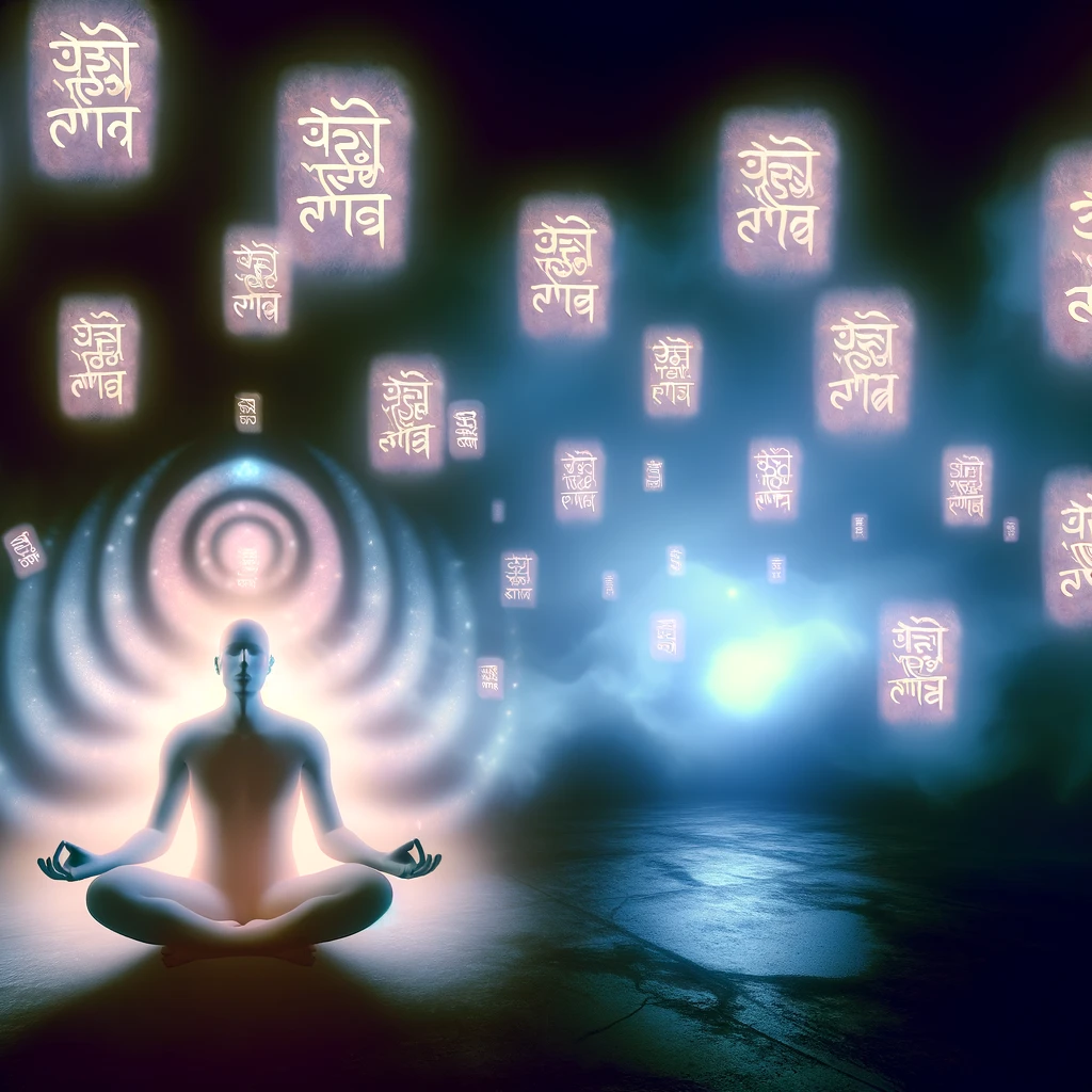 AI-generated image of a man practicing mantra meditation with mantras floating around in the air. 