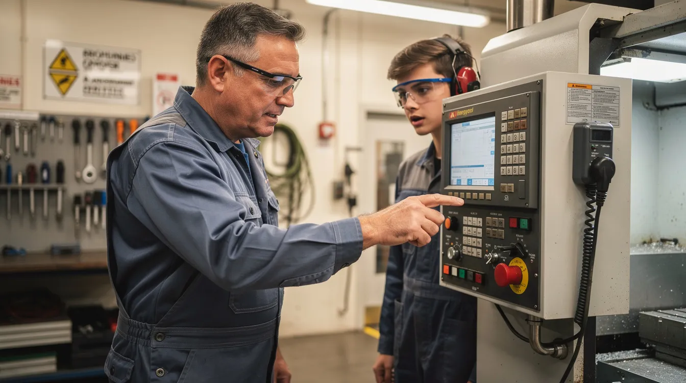 An experienced mentor demonstrating equipment operation to a young apprentice