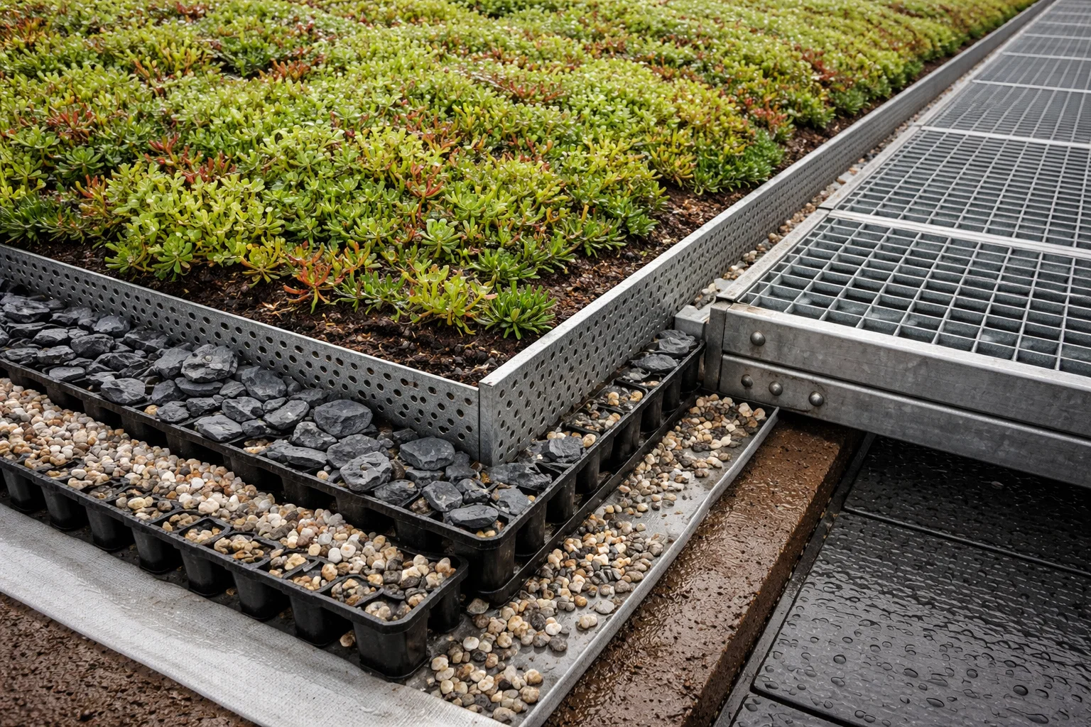 Close-up of green roof construction layers showing planting, drainage and edge detailing during maintenance inspection.