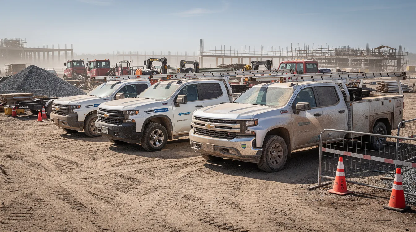 A row of used Chevy Silverado work trucks is parked in a dusty construction staging area, with equipment trailers visible in the background. These reliable light-duty pickup trucks are ready for work, showcasing their towing capabilities and rugged design.