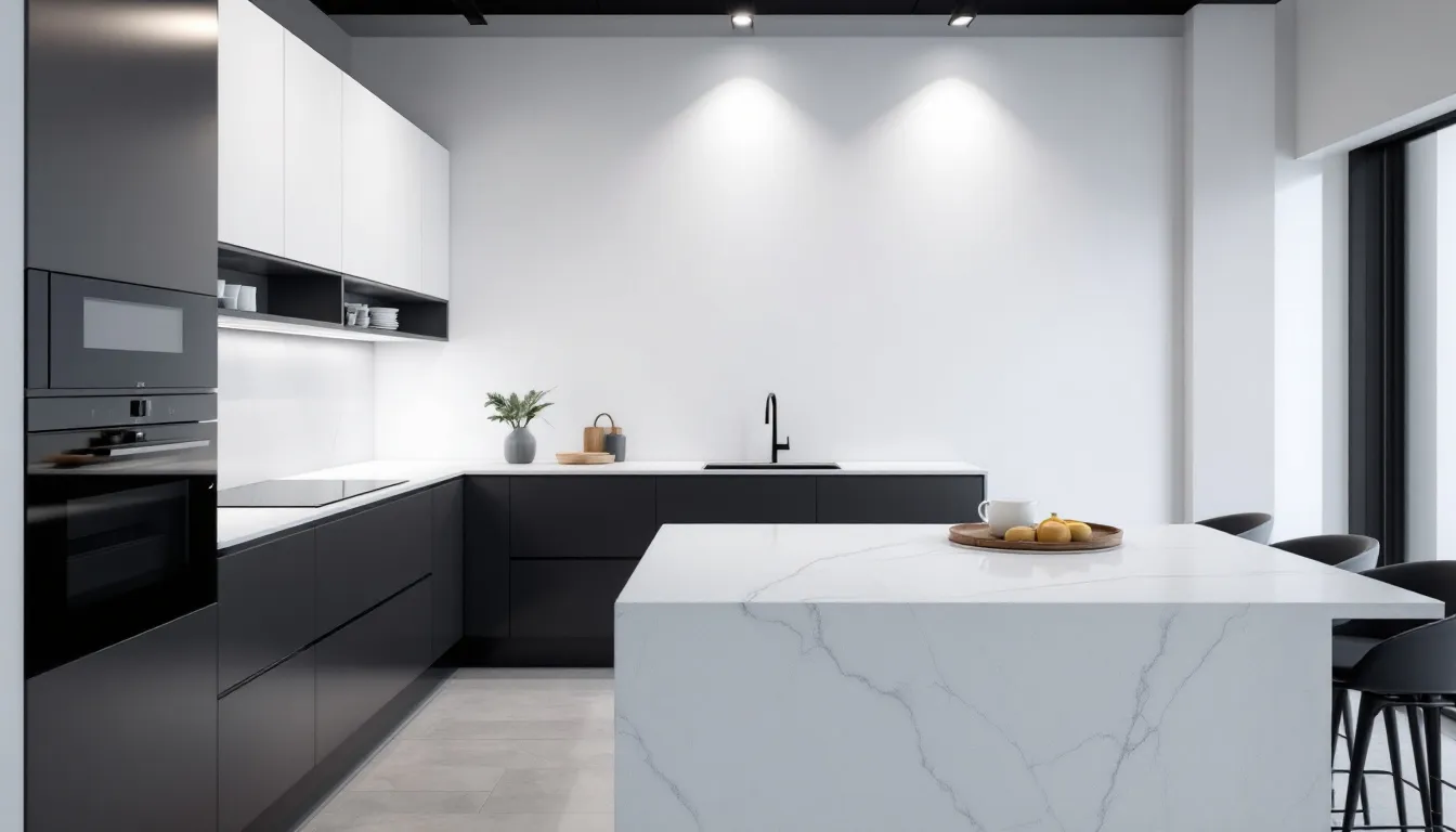 Affordable quartz kitchen worktops showcased in a showroom setting.