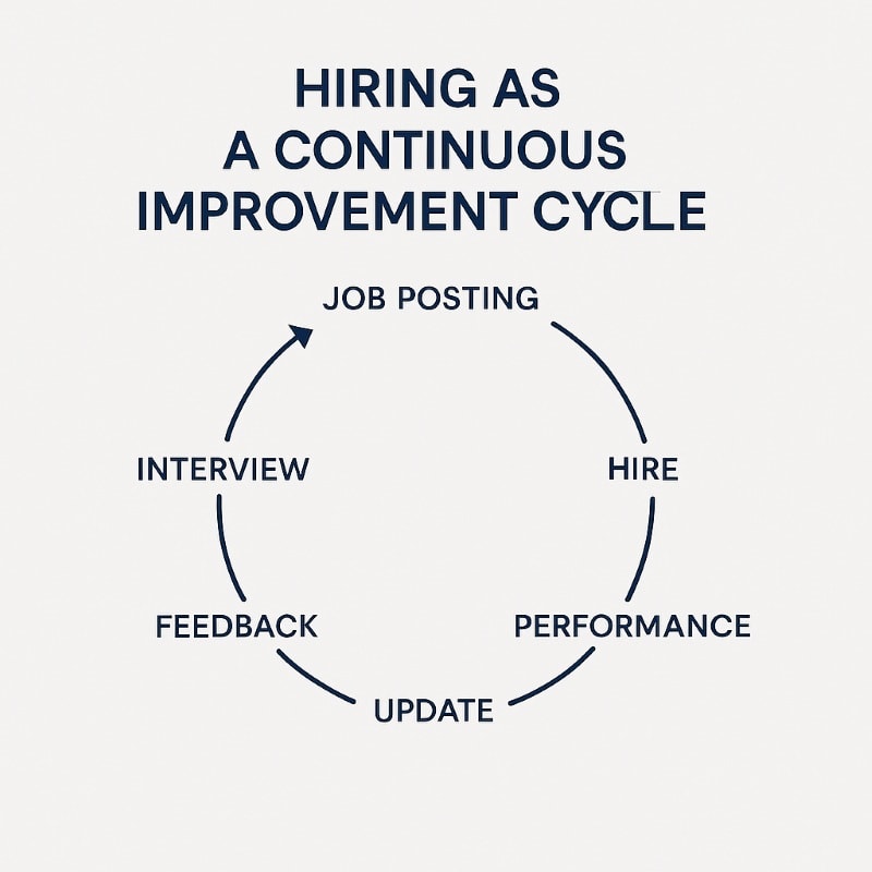 A circular loop diagram titled “Hiring as a Continuous Improvement Cycle” illustrates six key phases of a feedback-driven hiring process: Job Posting, Interview, Hire, Performance, Feedback, and Update. Each phase is evenly spaced along the loop with arrows connecting them, emphasizing the ongoing, iterative nature of effective hiring. The graphic uses clean navy blue text on a light background, aligning with a modern, data-driven HR aesthetic. ChatGPT fragen