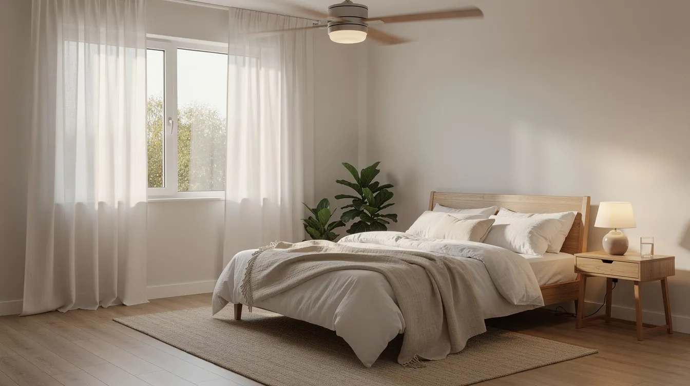 The image depicts a serene bedroom featuring a ceiling fan and lightweight cotton bedding, creating an inviting atmosphere for restful sleep. This peaceful setting can help reduce night sweats and maintain a comfortable body temperature during the night.