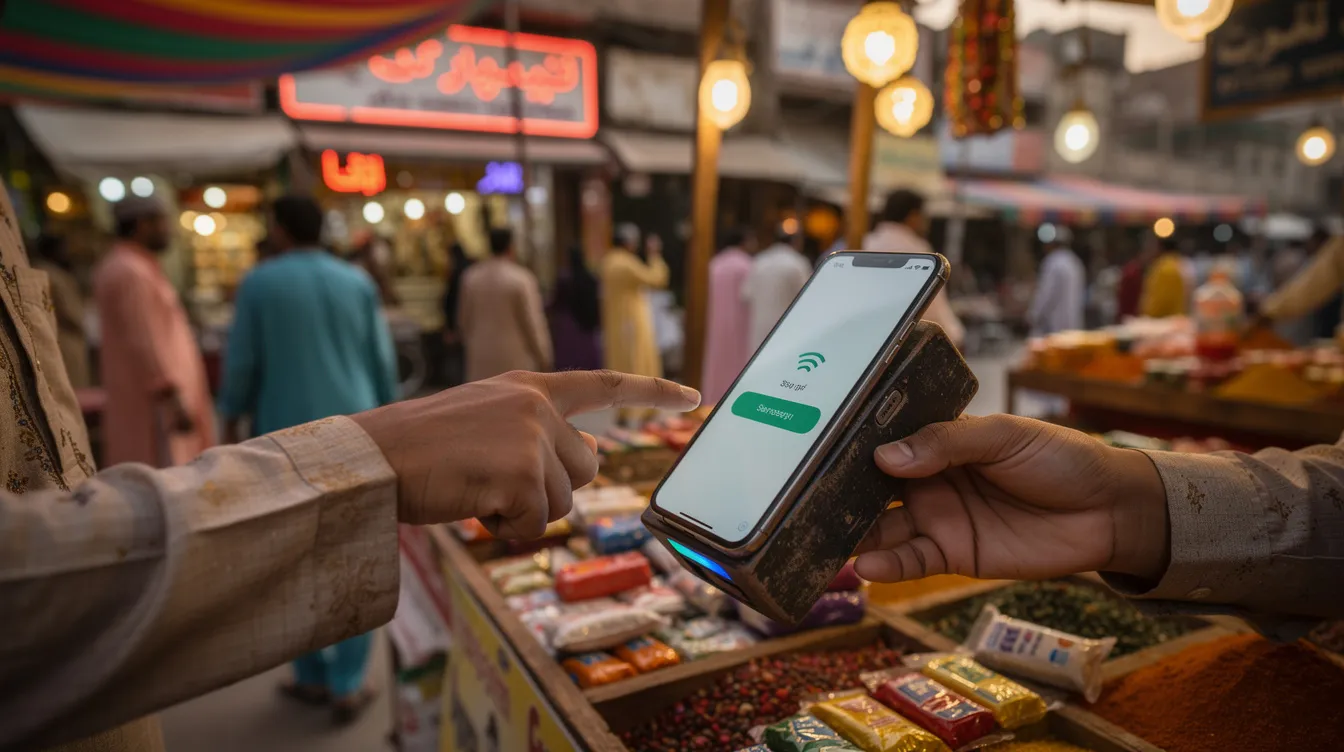 A person is using their smartphone to make a quick payment at a bustling street market stall in Pakistan, showcasing the convenience of digital wallets for instant transactions. The scene highlights the growing trend of managing money digitally, allowing users to pay bills and shop online with just a few taps.