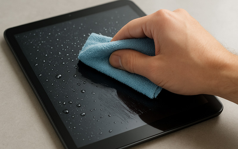 Man Cleaning Tablet Screen with Microfiber Cloth