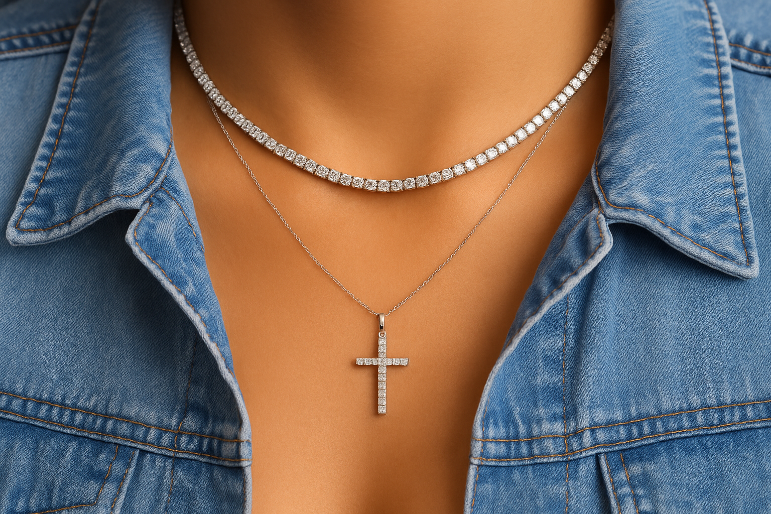 Moteris dėvi kaklo papuošalus/ aukščiau prigludusią deimantinę tennis grandinėlę ir žemiau kabančią ploną grandinėlę su deimantais inkrustuotu kryželiu