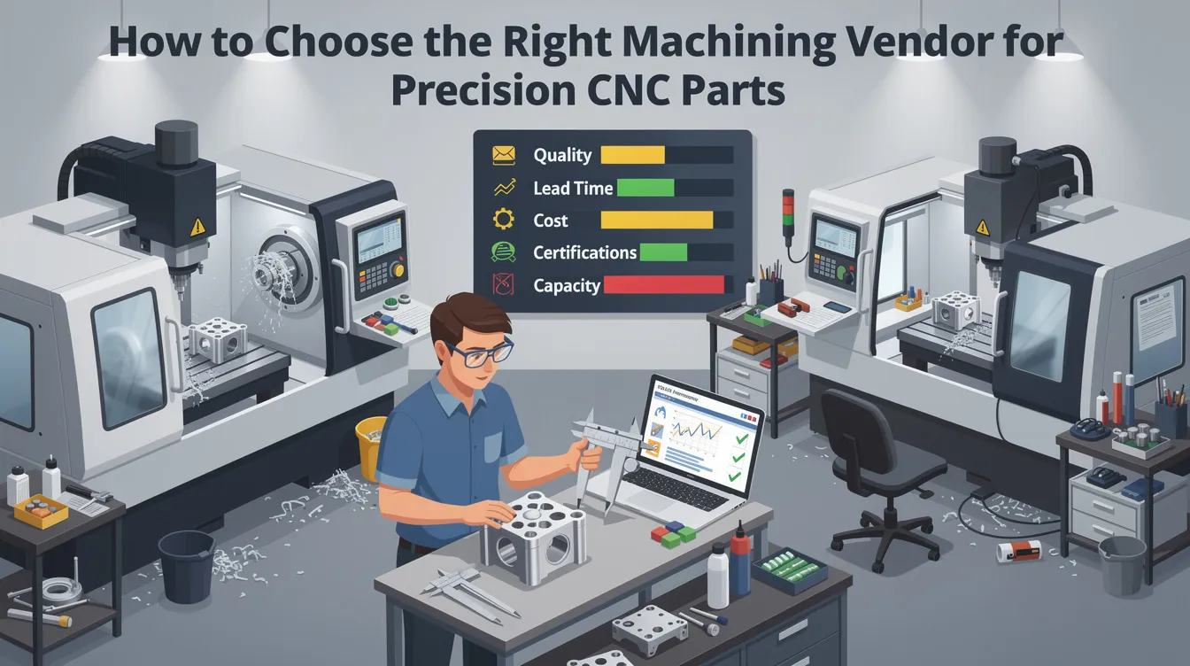 The image illustrates a guide on selecting the right machining vendor for precision CNC parts, emphasizing key factors like quality certifications, manufacturing capabilities, and the importance of tight tolerances in CNC machining services. It highlights various machining processes such as CNC milling and CNC turning, relevant for industries like aerospace and medical devices.