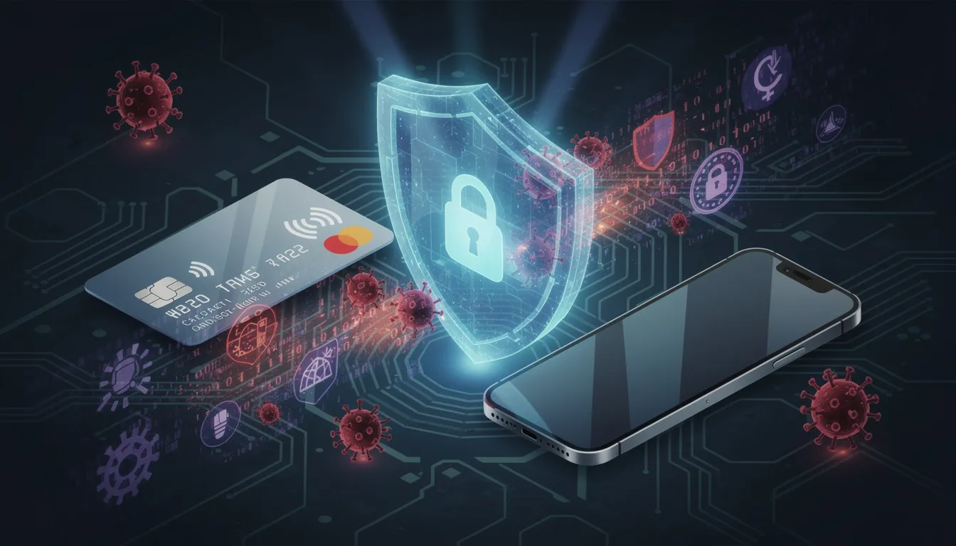 The image depicts a security shield symbolically protecting a payment card and a mobile device from potential cyber threats, emphasizing the importance of fraud protection and secure transactions for payment service providers. This visual representation highlights the need for security measures in the digital finance landscape to safeguard customers' sensitive data.