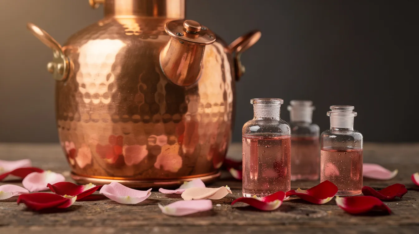 The image features a copper distillation vessel surrounded by fresh rose petals and several glass bottles, suggesting the process of steam distillation for extracting rose essential oil. This setup highlights the production of fragrant liquids like rose water and rose extract, emphasizing the natural floral scent and culinary uses of roses.