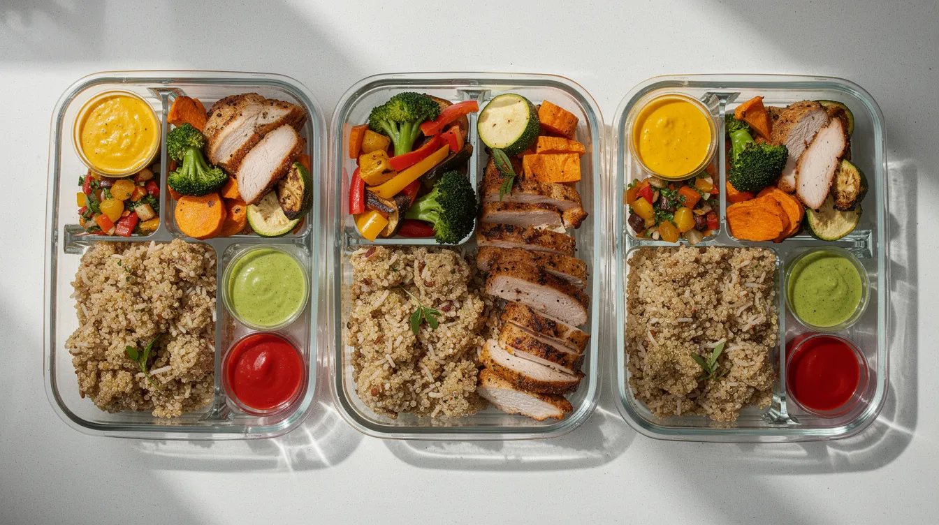An overhead view of several glass meal prep containers filled with colorful grains, roasted vegetables, and sliced cooked chicken breast, accompanied by vibrant dressings. This arrangement showcases easy meal prep ideas, perfect for healthy eating, featuring ingredients like fresh tomatoes, spring onion, and creamy avocado.