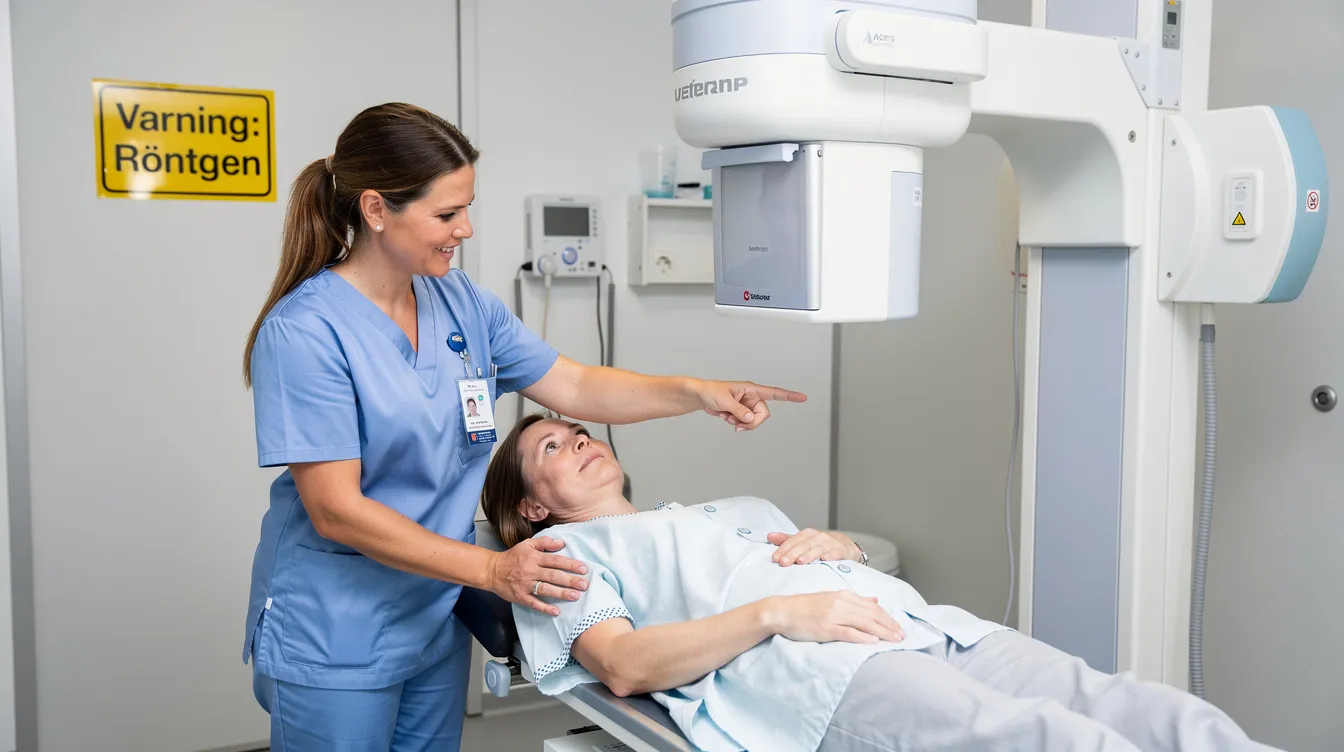 Bild av vårdpersonal som assisterar en patient i ett röntgenrum, där de förbereder för en undersökning av axelleden. Personalen ger information och stöd för att säkerställa att patienten känner sig trygg under röntgenprocessen.