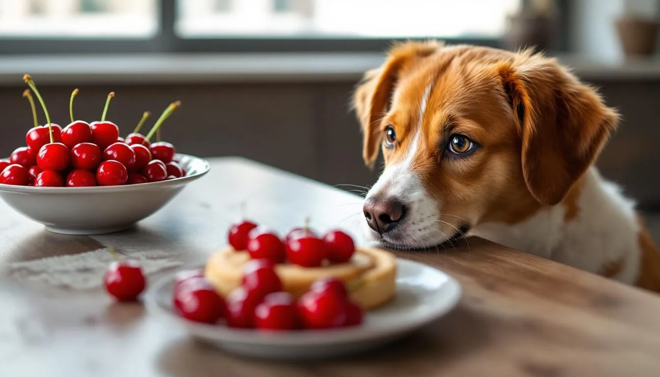 Na stole leżą czereśnie, a pies z ciekawością przygląda się tym słodkim owocom, zastanawiając się, czy może je zjeść. Warto pamiętać, że mimo że czereśnie zawierają wartościowe składniki odżywcze, to ich pestki mogą być szkodliwe dla zdrowia psa.