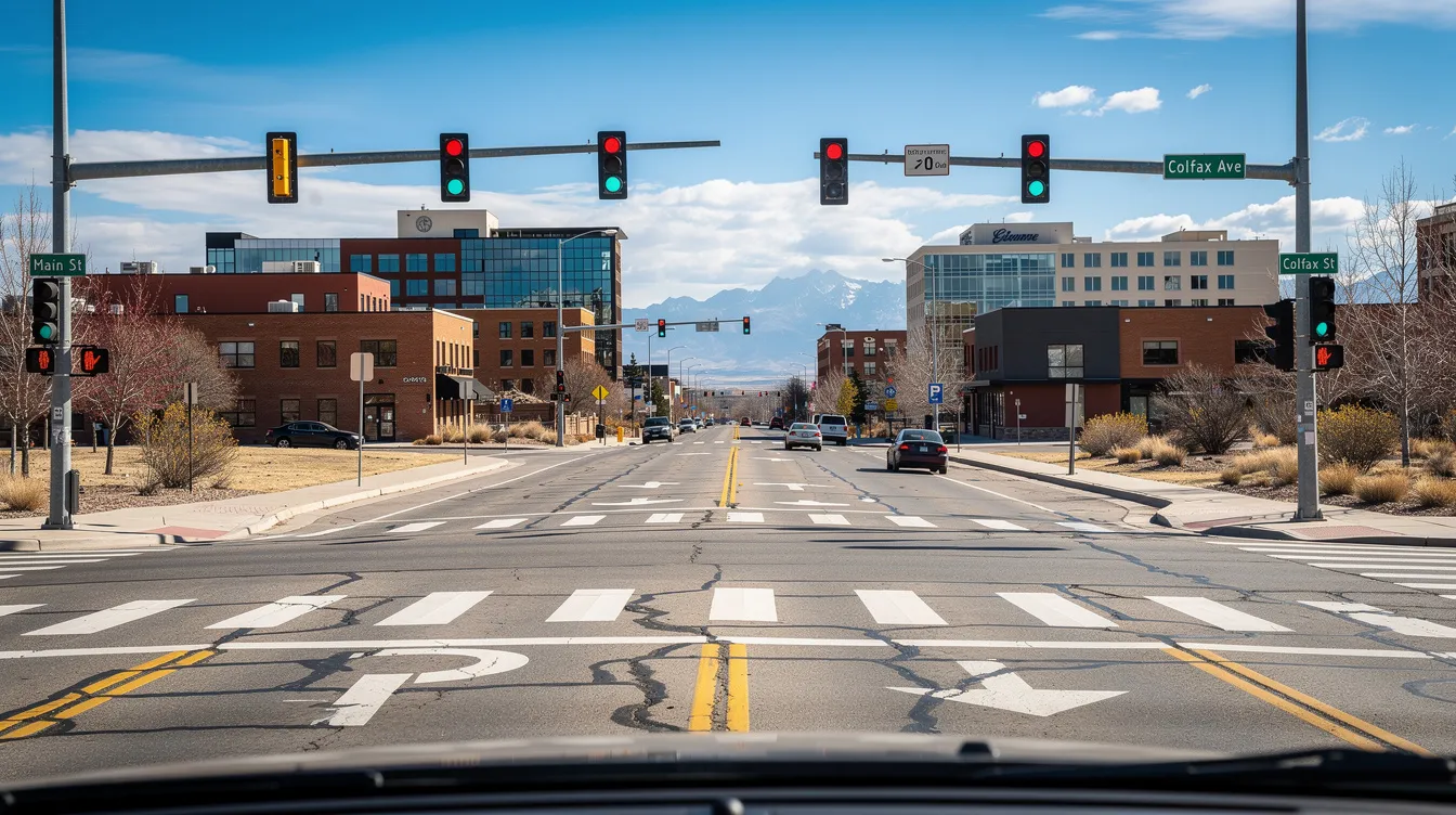 The image depicts a busy intersection in a Colorado city, featuring traffic lights and clearly marked lanes. This scene is typical of urban areas where car accidents may occur, highlighting the importance of understanding the Colorado governmental immunity act for personal injury claims involving public entities and motor vehicles.