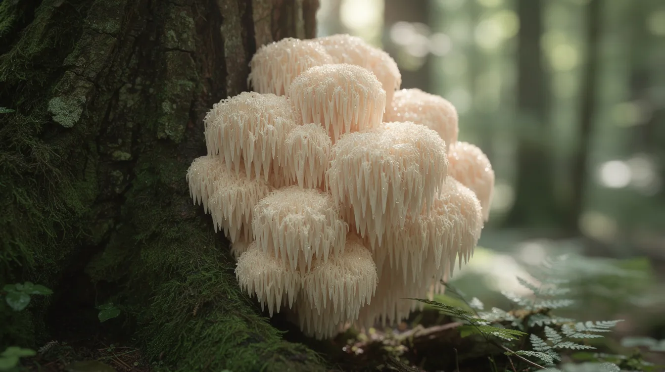 A close-up view of fresh lion's mane mushrooms growing on a tree trunk in a serene forest setting, showcasing their unique, shaggy appearance. These organic lion's mane mushrooms are known for their potential health benefits, including support for cognitive function and brain health.