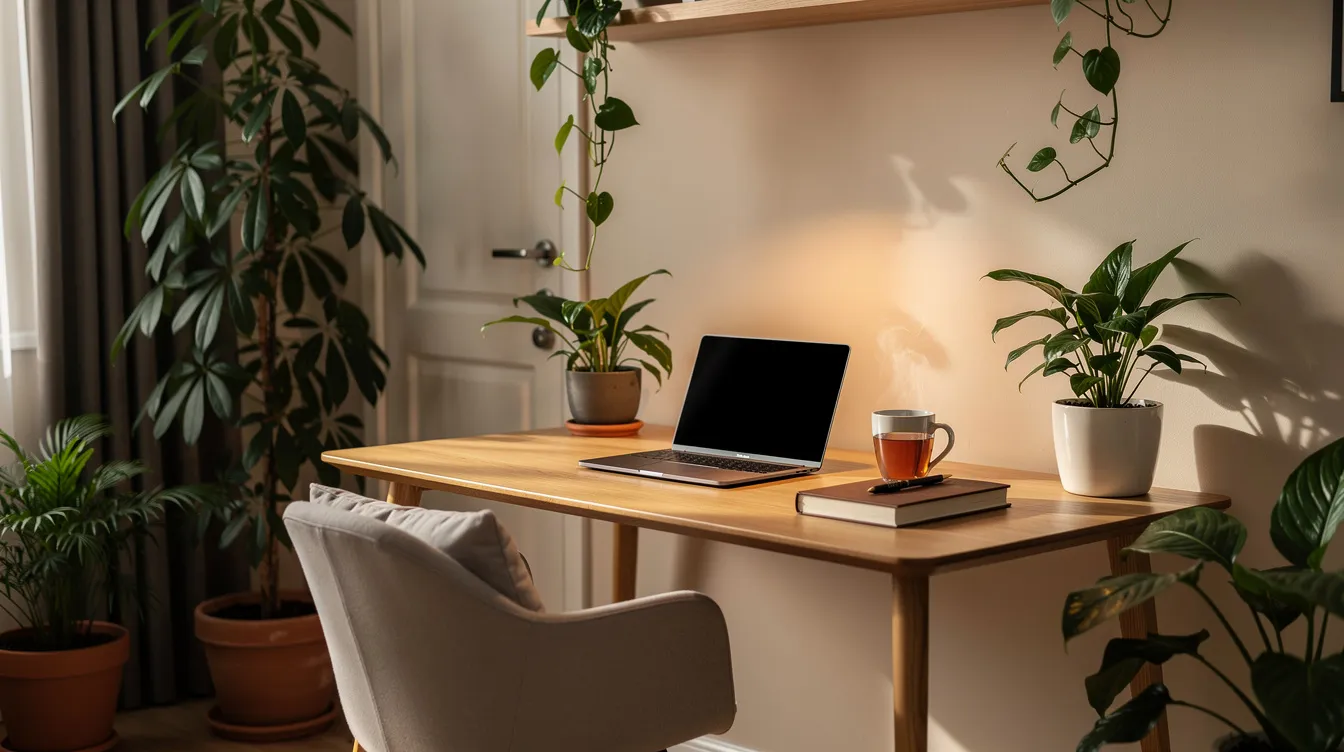 The image depicts a peaceful home workspace adorned with lush green plants and warm lighting, creating a calm and private atmosphere ideal for focusing on personal growth and mental health activities. This supportive environment is perfect for engaging in online therapy or virtual care services with a licensed therapist.