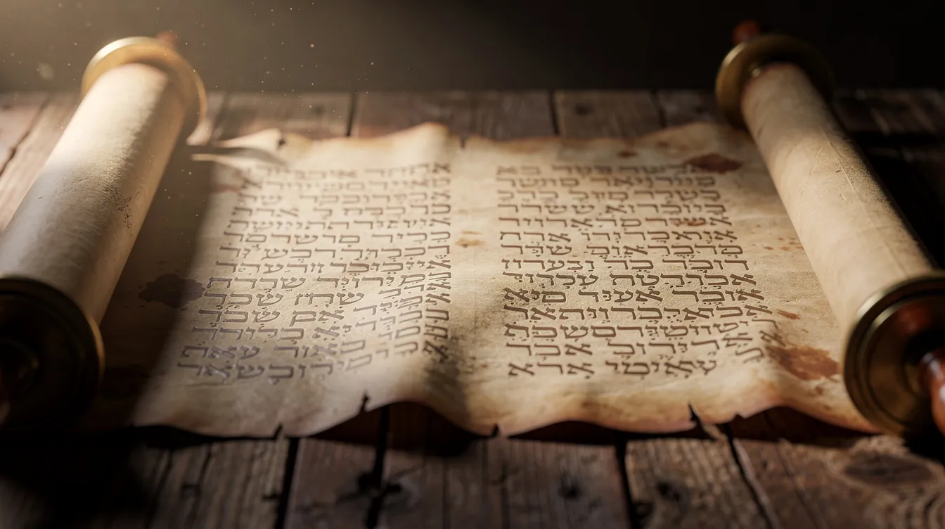 An ancient Torah scroll is unfurled on a wooden table, illuminated by soft lighting that highlights its intricate script and historical context. This biblical text, rich in meaning and tradition, invites contemplation and study, reflecting centuries of Jewish biblical exegesis and interpretation.