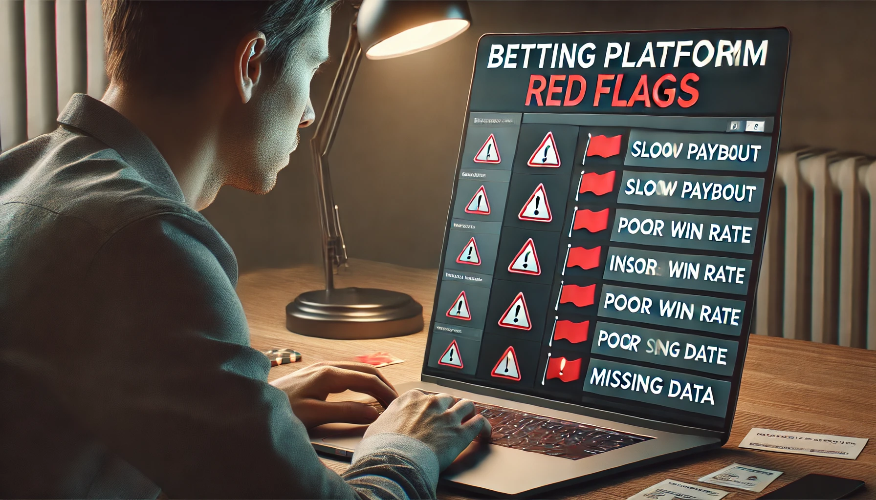 showing a warning-style overlay on a laptop screen labeled 'Betting Platform Red Flags.