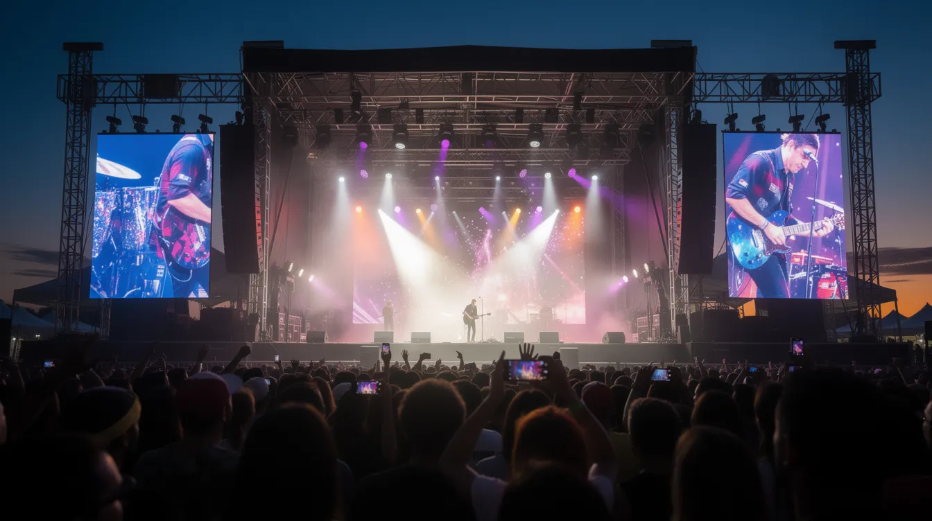 An outdoor concert stage is illuminated at dusk, featuring bright LED video panels on either side of the performers, enhancing the viewing experience with sharp images. A lively crowd is visible in the foreground, enjoying the vibrant atmosphere created by the ambient light and large display.