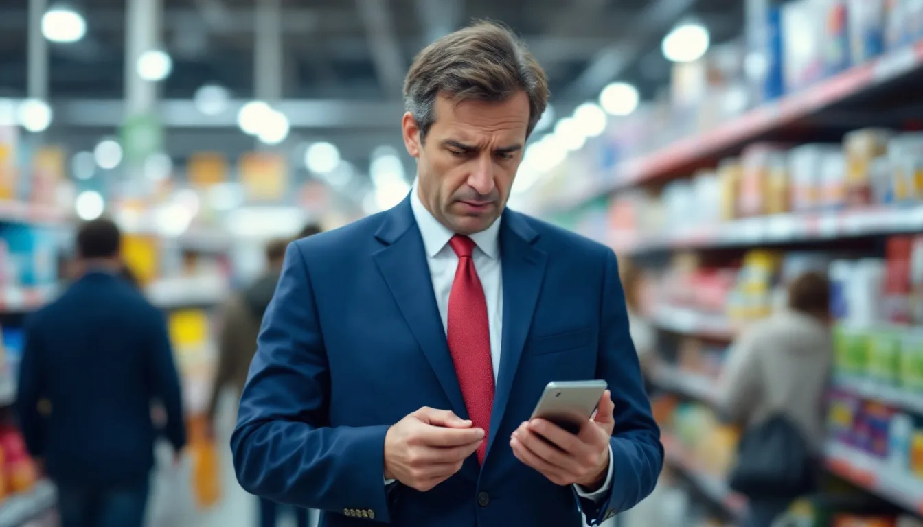 A retail store manager looks confused while staring at his mobile device, possibly grappling with retail task management software to oversee daily tasks and enhance operational efficiency. The scene captures the challenges of effective task management in a retail environment, emphasizing the importance of tracking progress and ensuring customer satisfaction.