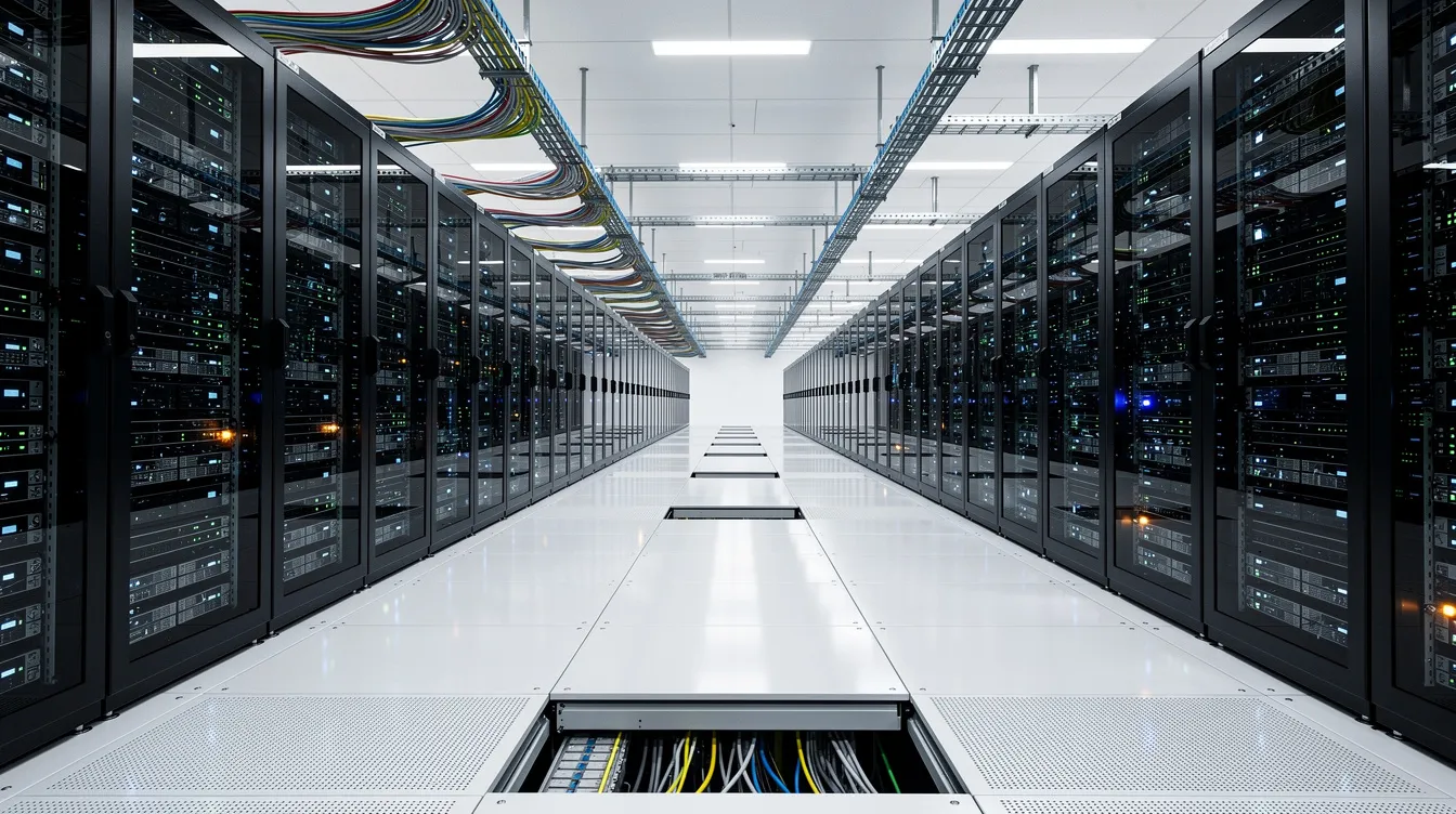 The image depicts a large modern data center filled with rows of server racks and blinking network equipment, highlighting the essential infrastructure for trading platform development and real-time market data processing. This advanced setup is crucial for supporting online trading platforms and ensuring efficient data management for financial markets.