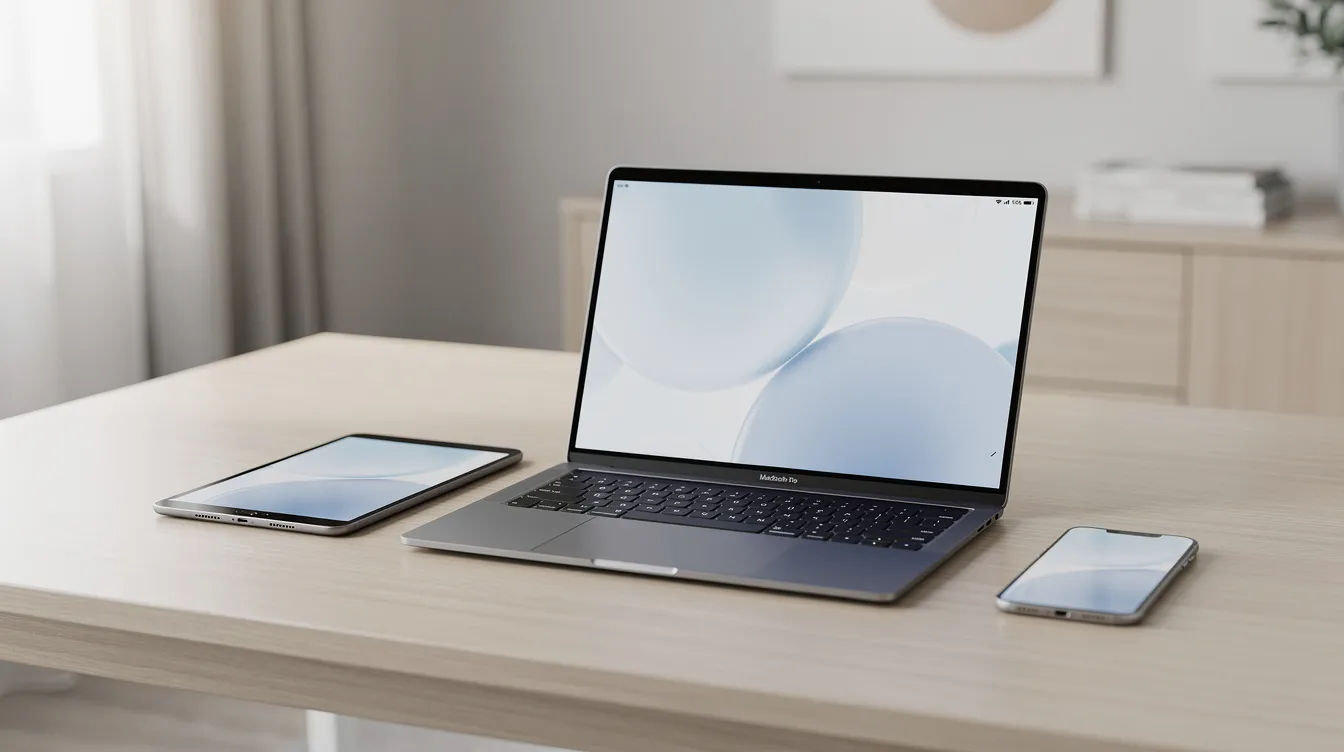 The image depicts a clean desk featuring multiple electronic devices, including a smartphone, tablet, and laptop, which symbolize the interconnectedness of technology in the modern AI search era. This setup represents the tools used for monitoring AI brand mentions and analyzing search visibility data.