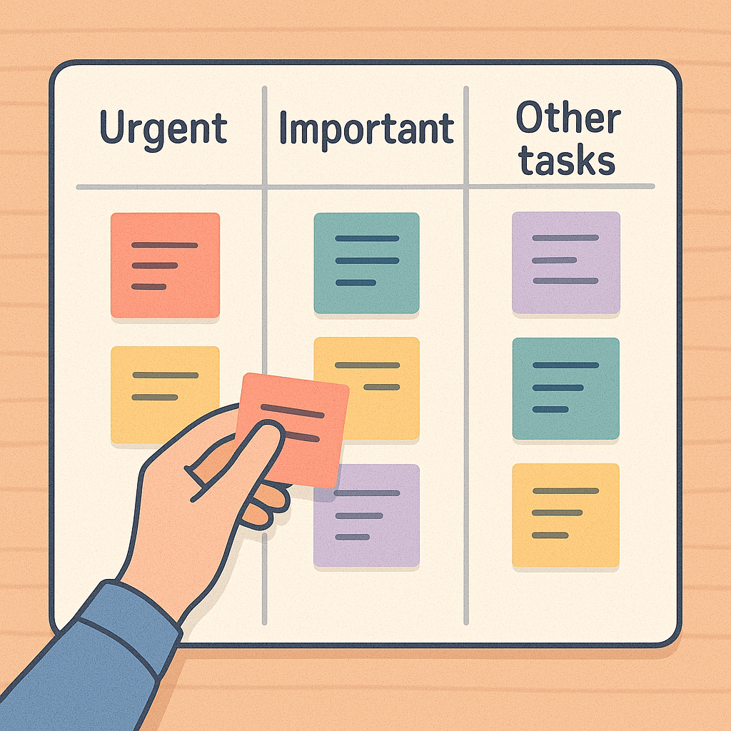 A task board divided into “Urgent,” “Important,” and “Other Tasks” columns shows a visual person’s method for prioritizing tasks, managing work tasks, and creating time blocks.