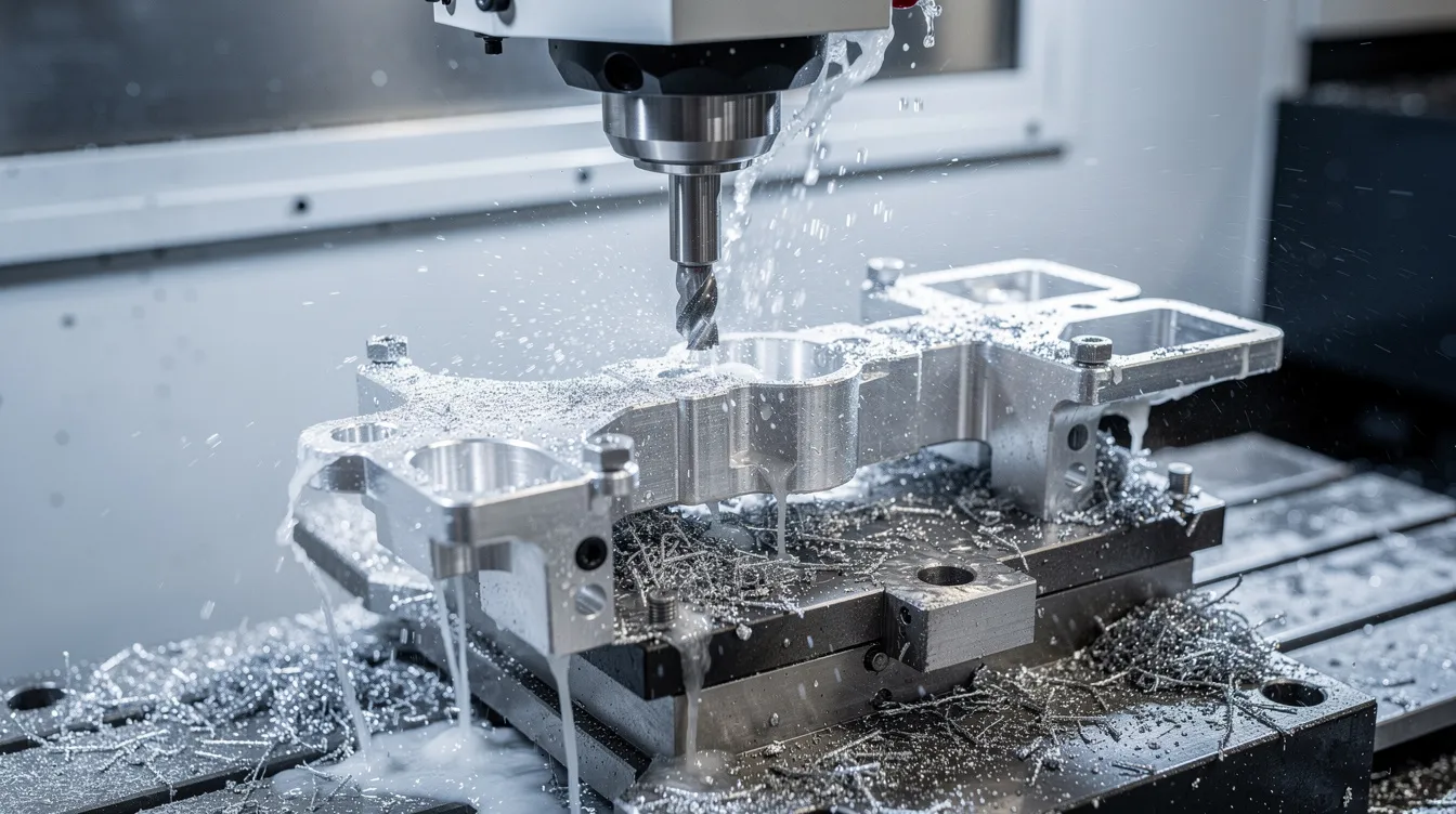 A close-up view of a CNC 5-axis machining center is shown, actively cutting an aluminum aerospace bracket while coolant flows over the workpiece, highlighting the precision machining process involved in creating high-quality CNC machined parts. The image emphasizes the advanced technology and capabilities of CNC machining services in manufacturing complex shapes with exceptional accuracy.