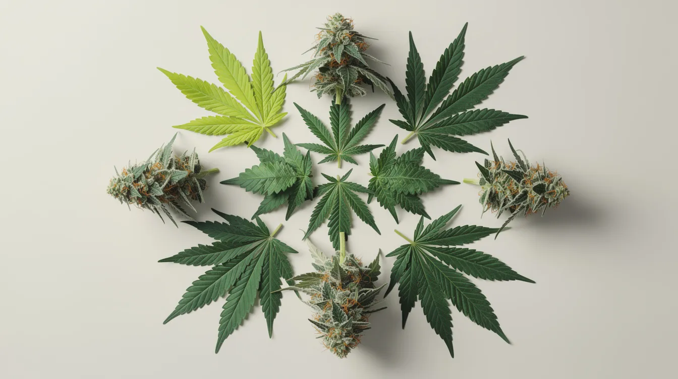 Das Bild zeigt verschiedene Hanfblätter und Cannabisblüten, die die Vielfalt der Cannabinoide symbolisieren. Diese Pflanzen enthalten unterschiedliche Verbindungen wie THC und THCP, die in der Forschung für ihre Wirkungen und Effekte auf die CB1- und CB2-Rezeptoren von Interesse sind.