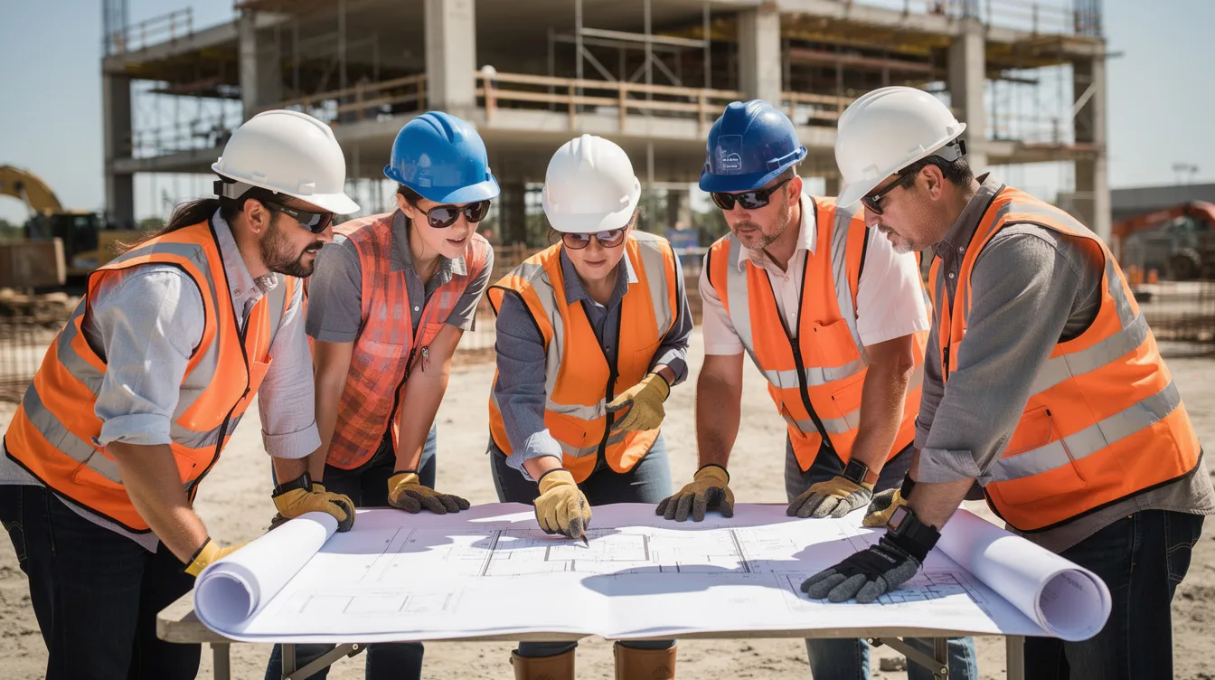 A group of construction workers is gathered around detailed project plans at an outdoor job site, discussing the layout and components of a clean energy project, which may involve domestic content and applicable project components. The scene reflects teamwork in the construction of renewable energy infrastructure, potentially benefiting from tax credits and investment incentives.