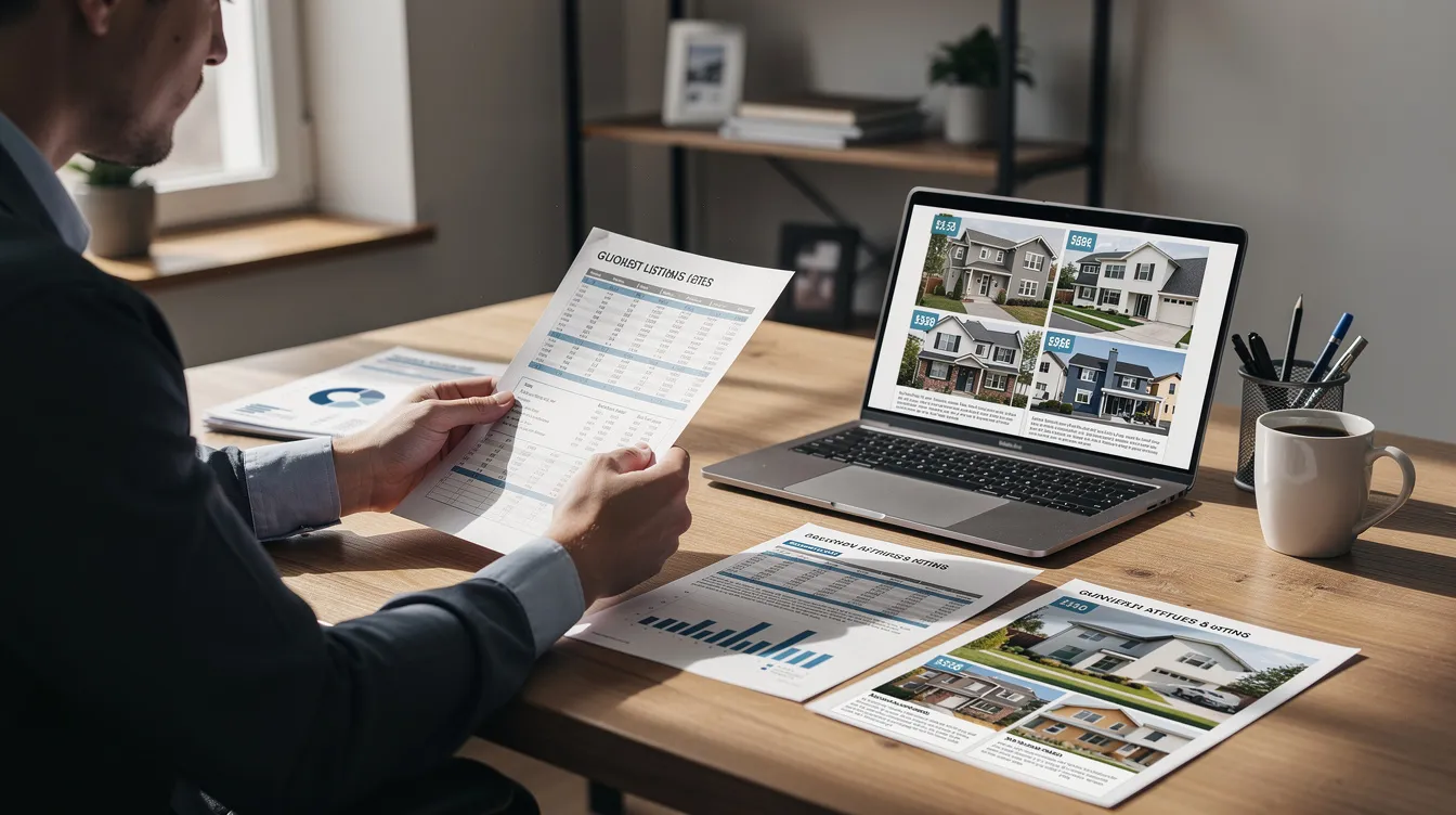A person is seated at a desk, reviewing financial documents and working on a laptop, with photos of various investment properties displayed nearby. This scene highlights the process of evaluating real estate investments and financing options, essential for property owners and investors.
