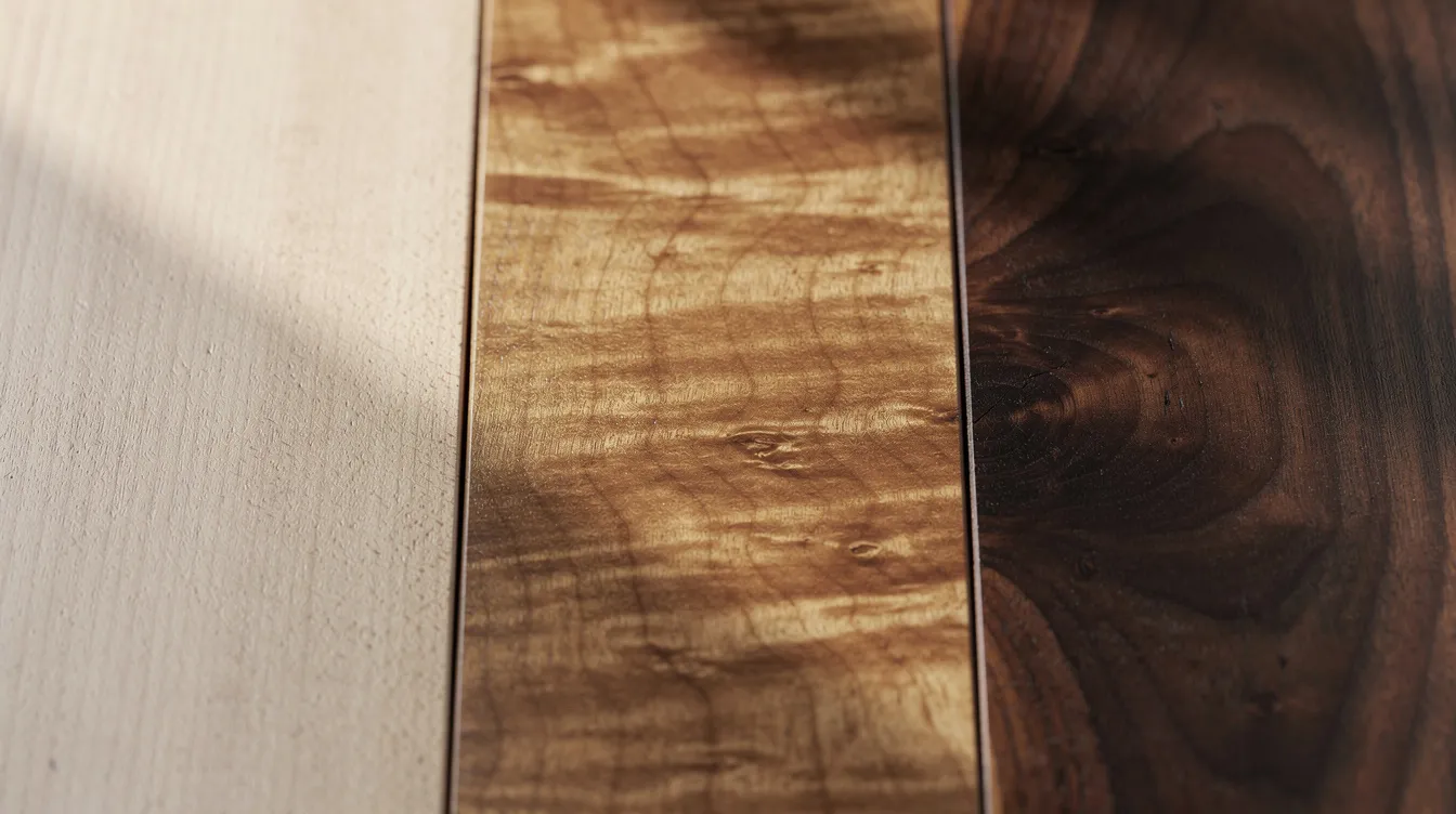 Närbild av olika träytor i naturligt ljus, som visar ljus björk, varm ek och mörk valnöt, vilket skapar en vacker kontrast. Dessa träytor kan inspirera till inredning och designmöbler för hemmet i Jönköping.