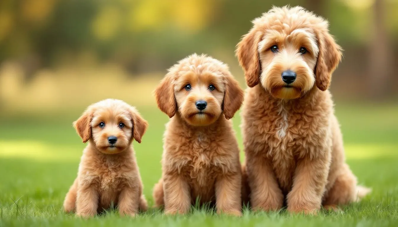 In this image, a mini goldendoodle stands next to both a medium and a standard goldendoodle, clearly showcasing the size differences among the three goldendoodle sizes. The mini goldendoodle, with its compact size, contrasts with the larger medium and standard counterparts, highlighting the variety within this popular dog breed.