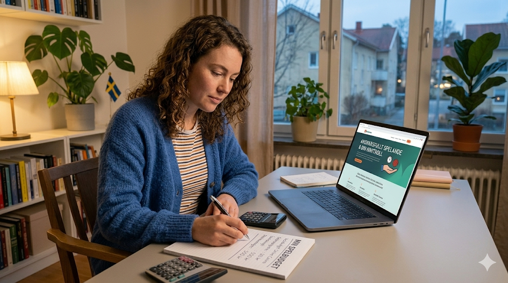 Spelare som planerar budget innan hon börjar spela på online casino – ansvarsfullt spelande med kontroll över pengar och insättning