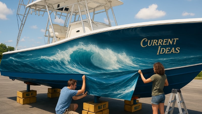 Professionals installing vinyl wrap on a boat