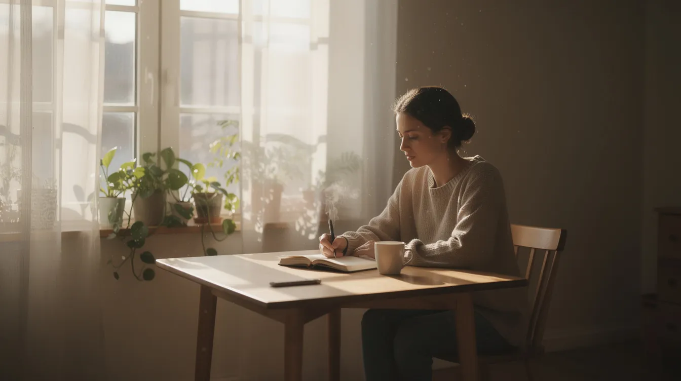 A person is journaling peacefully by a window, bathed in natural light, creating a safe space for self-reflection and honest communication about their feelings and life experiences. This moment of alone time reflects a positive sign of self-care and emotional awareness.