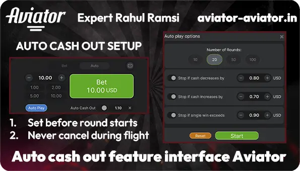 Screenshot showing auto cash out feature settings in Aviator game