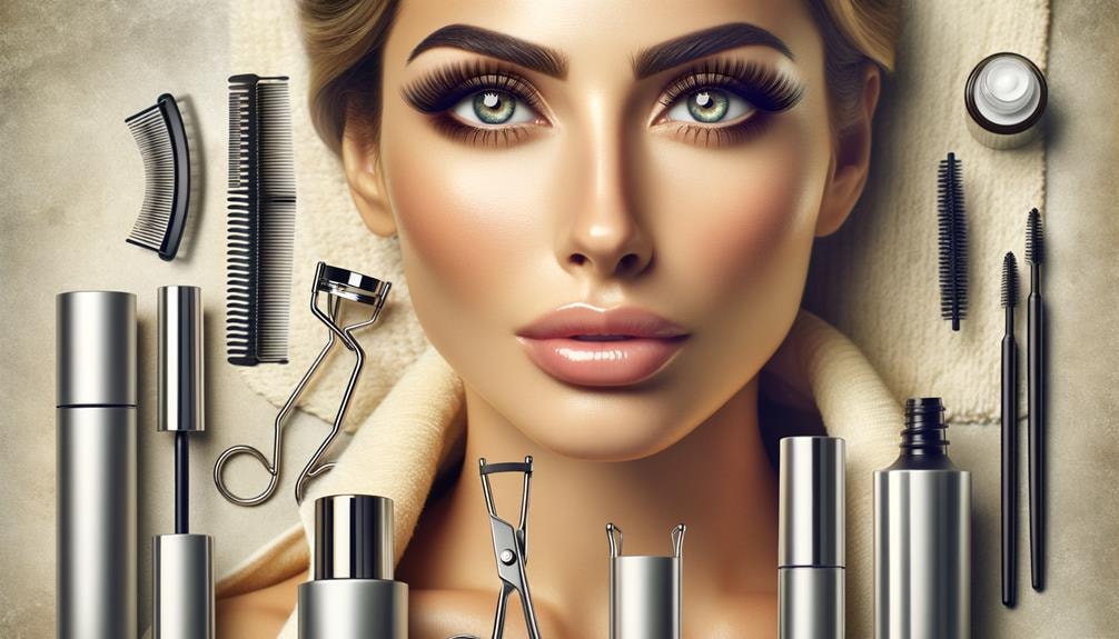 a stylized image of a woman in her 30s, focusing on her eyes with healthy lashes, surrounded by eyelash care products like serums, curlers, and mascara.