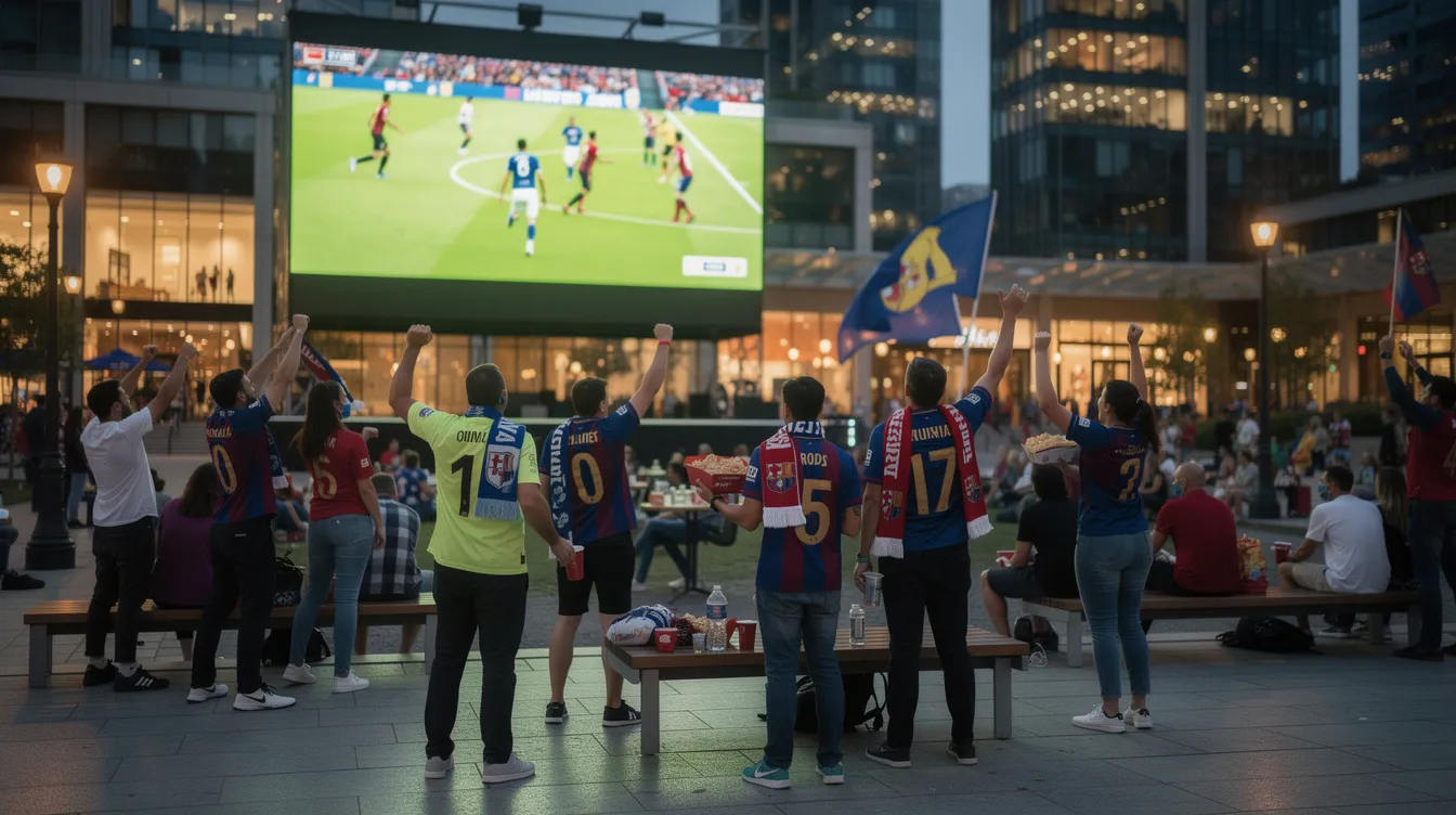 A diverse group of enthusiastic football fans gathers in a city plaza, eagerly watching a match on a large outdoor screen, showcasing the excitement of the FIFA World Cup 2026. The atmosphere is vibrant, filled with cheers and the spirit of the beautiful game as they support their favorite teams.