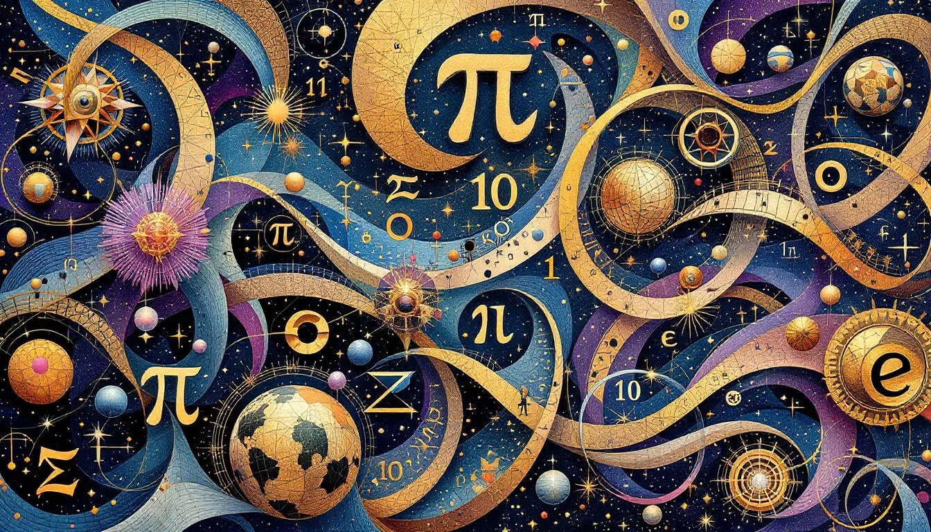 A collage of famous irrational numbers like pi and the golden ratio.