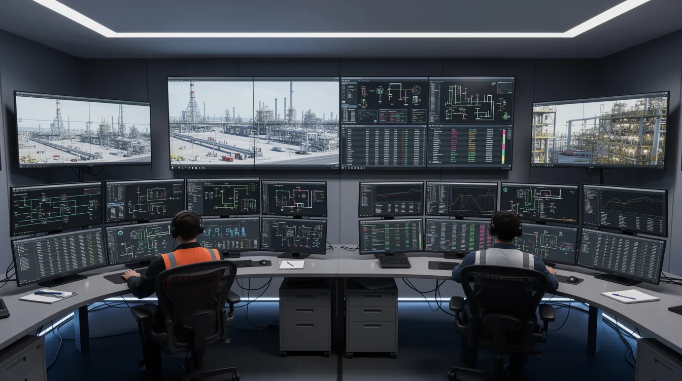 The image depicts an industrial control room filled with multiple computer monitors that showcase detailed process flow diagrams and operational data related to the solvent extraction process. This high-tech environment is essential for monitoring the efficient oil extraction and solvent recovery systems within a solvent extraction plant.