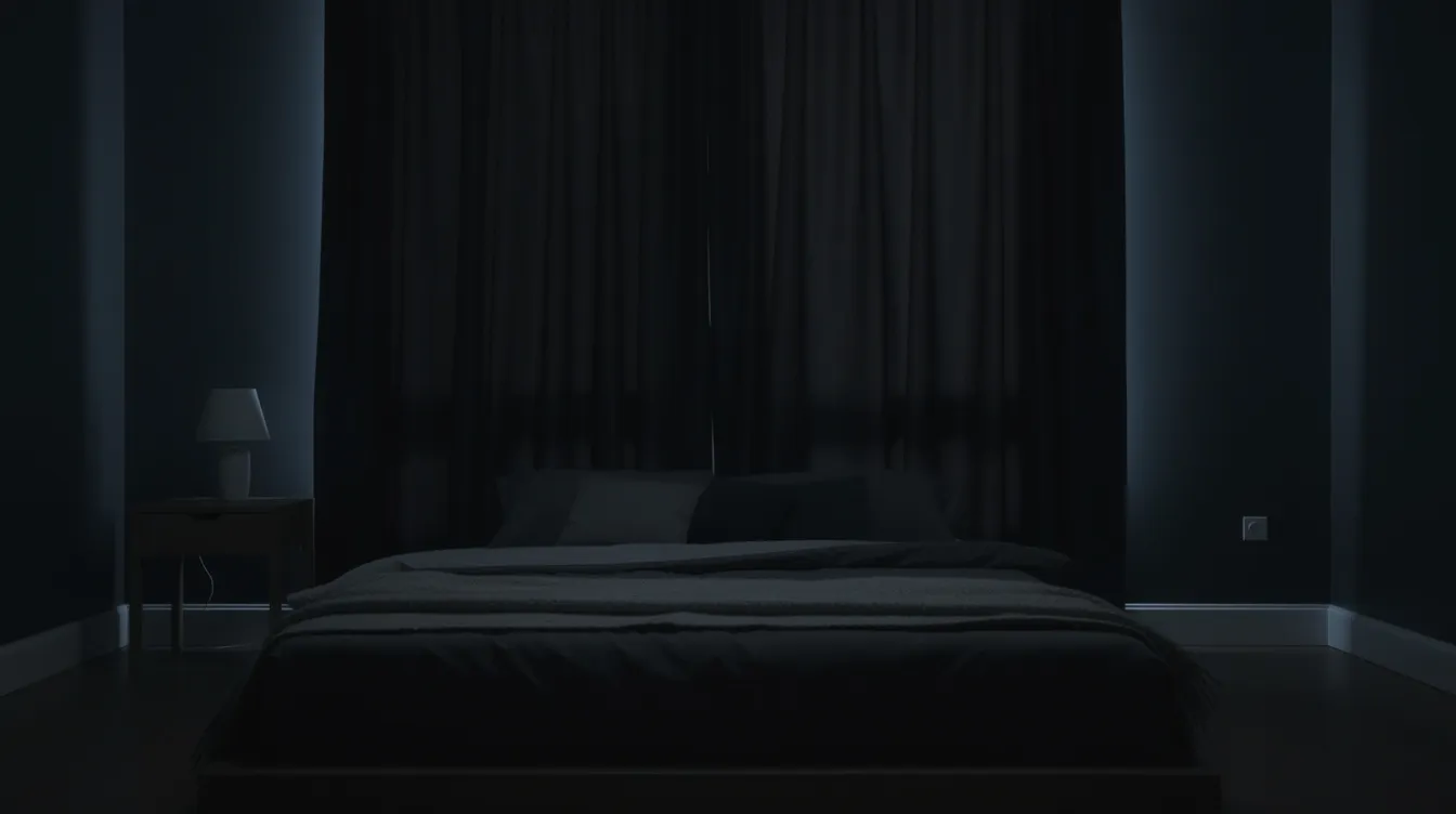 The image depicts a dark bedroom with heavy blackout curtains drawn tightly, effectively blocking out any window light. This setup promotes a restful sleep environment, ideal for improving sleep quality and ensuring a good night&rsquo;s sleep.
