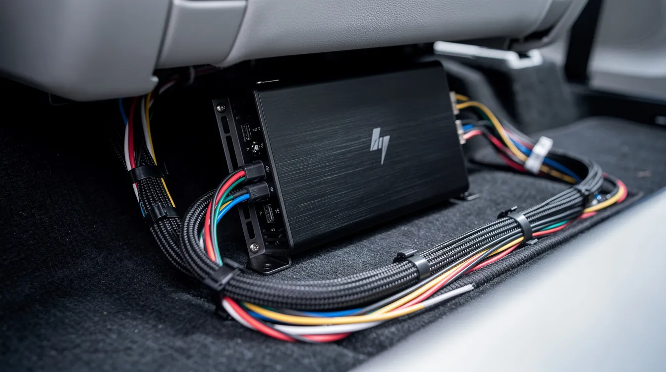 The image shows a compact class D amplifier neatly installed under a vehicle seat, featuring clean wiring for optimal sound quality and efficiency. This setup highlights the amplifier's high output power and low heat generation, making it an excellent choice for enhancing the audio experience in the car.