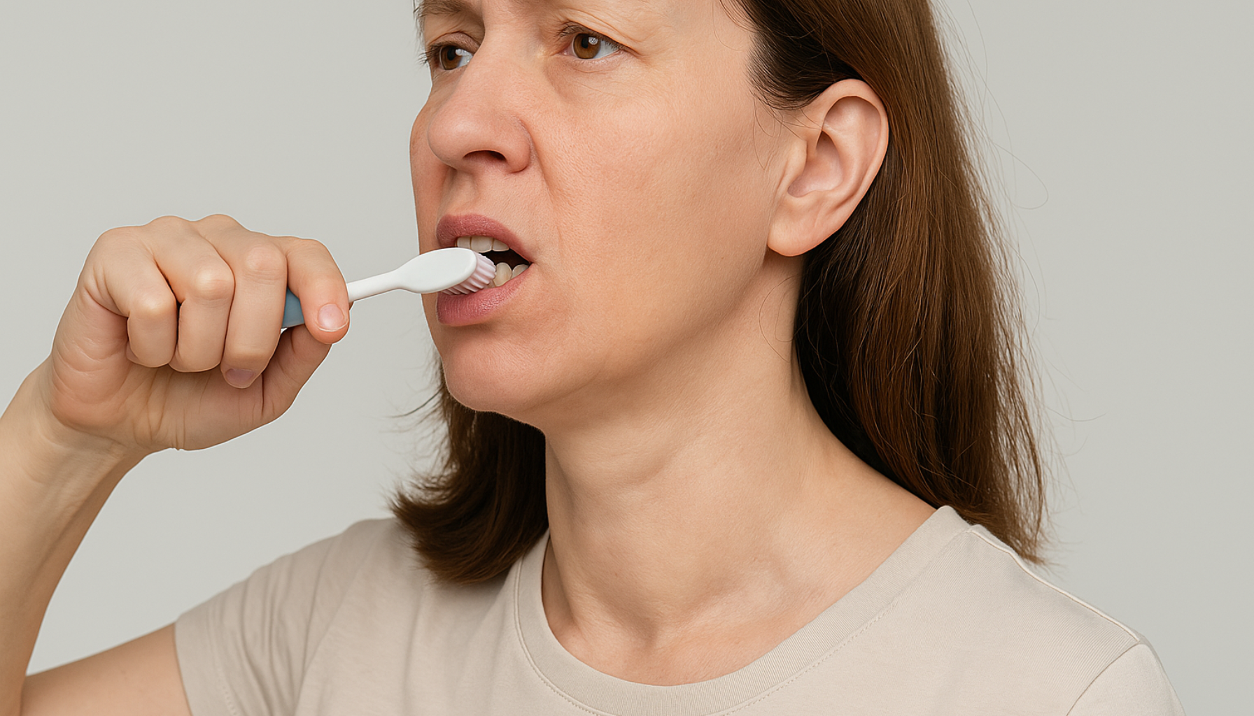 "Kvinne pusser tenner mens forstørret skjoldbruskkjertel på halsen er synlig, viser sammenheng mellom struma og tannhelse."