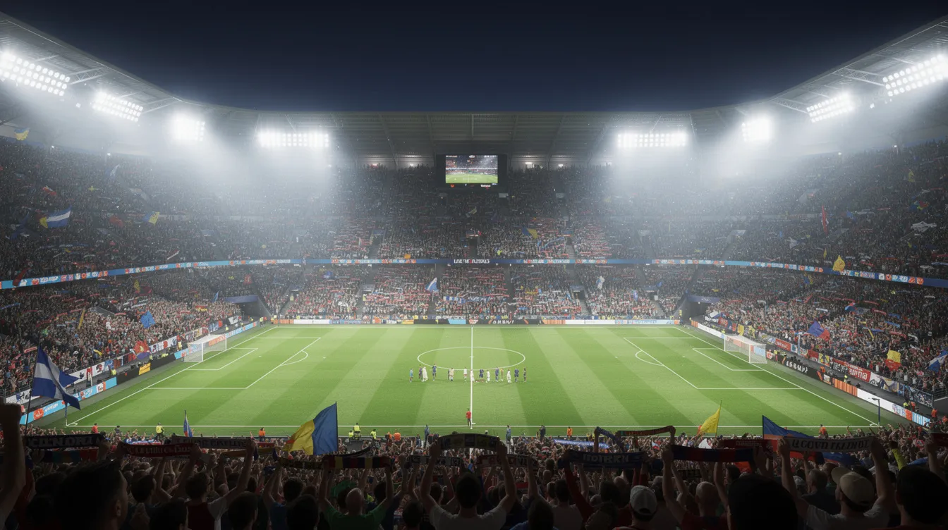 A vibrant football stadium is filled with enthusiastic fans under the night sky, illuminated by bright floodlights that shine down on the lush green pitch. The energy of live sports is palpable as spectators enjoy the thrilling atmosphere, reminiscent of watching live TV channels from the comfort of their smart TVs or devices.