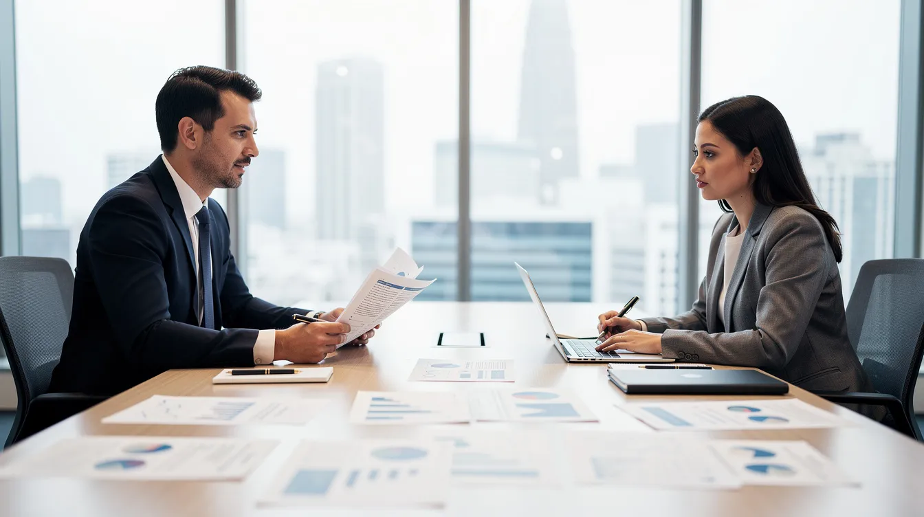 The image depicts a professional business meeting where two individuals are engaged in reviewing paper documents at a conference table, likely discussing business contracts and contractual obligations to ensure clear expectations and prevent future disputes. This setting reflects the importance of effective contract negotiation and the role of business contract lawyers in navigating complex legal concepts.